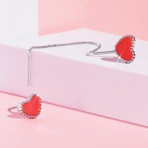 Cute Asymmetrical threader and stud enamel heart earrings 925 sterling silver